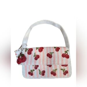 ​Handcrafted In India Beaded Cherry Stripe Bag - Pink & White Shoulder Bag NWT